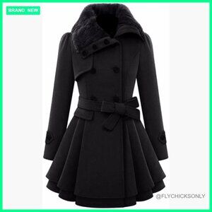 Faux Fur Lapel Double-Breasted Wool Blend Trench Coat Slim Fit